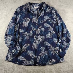 Croft & Barrow Sz‎ 2X Button Up Paisley Roll Tab Sleeve Blouse  lightweight